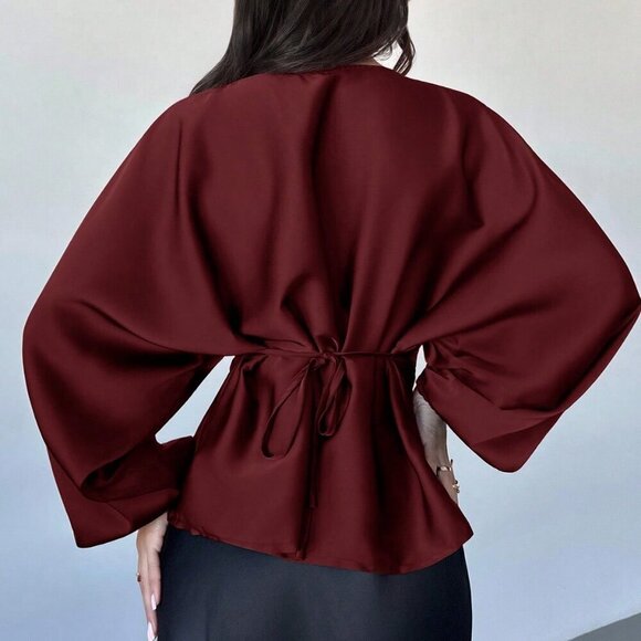 Burgundy Elegant Women's Romantic Round Neck blouse - Picture 2 of 7